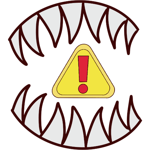 image of a set of sharp teeth surrounding a yellow triangle with a red exclamation mark